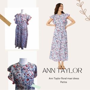 Ann Taylor Floral Ruffle sleeve Maxi Dress Cherry Glow Womens
